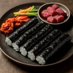 Koreai gimbap tonhallal és friss zöldségekkel