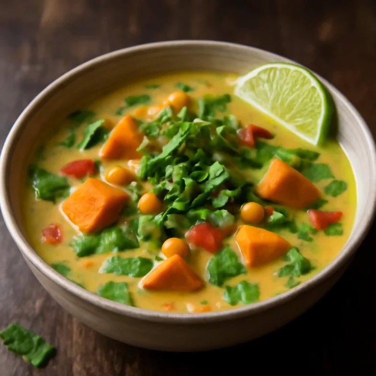 Chupe Vegano, gazdag kókusztejes zöldségleves édesburgonyával és korianderrel díszítve