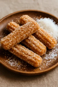 Friss churro kókuszreszelékkel és cukorral tálalva