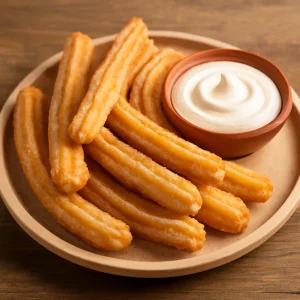 Frissen sült churros tejföllel tálalva