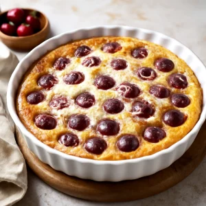 Francia clafoutis cseresznyével, tálalva porcukorral