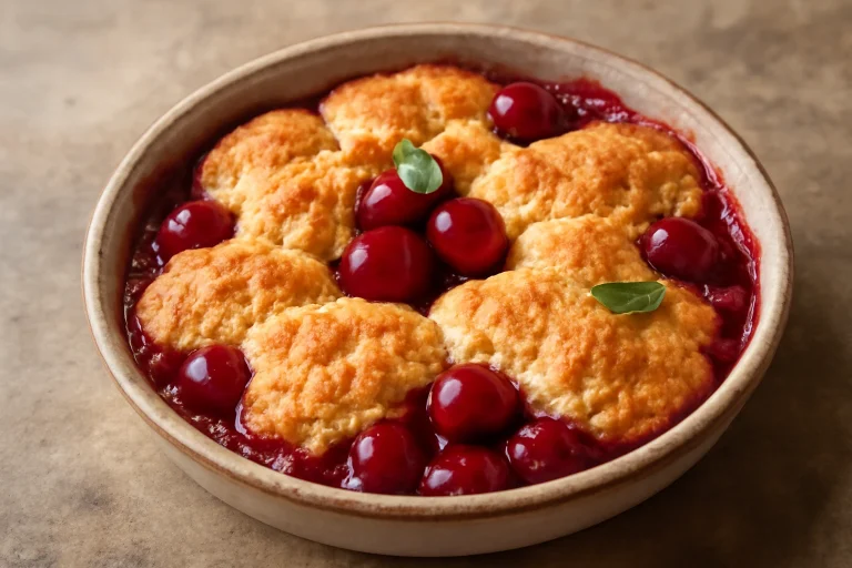Cseresznyés cobbler sütemény frissen sütve, aranybarna tésztával és friss cseresznyével