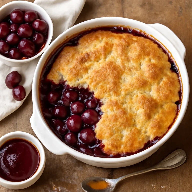 Cobbler meggyel, friss tésztával és meggyszörppel tálalva