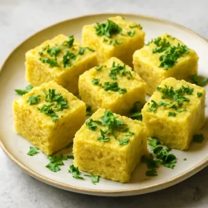 Kukoricás dhokla, friss korianderrel tálalva
