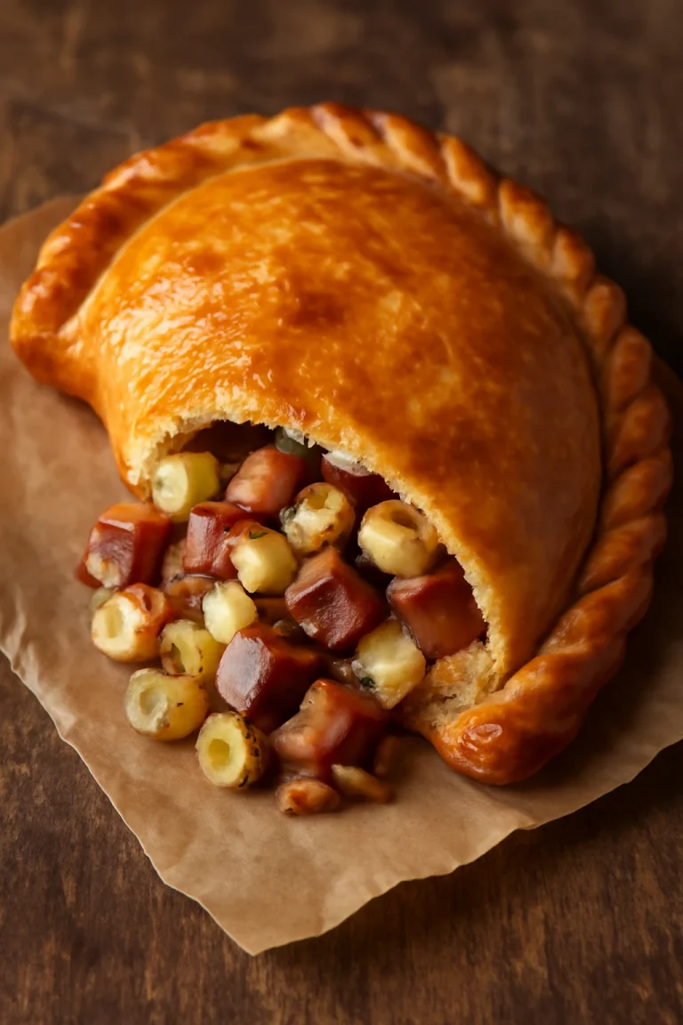 Cornish pasty füstölt hússal, friss tésztával és gazdag töltelékkel