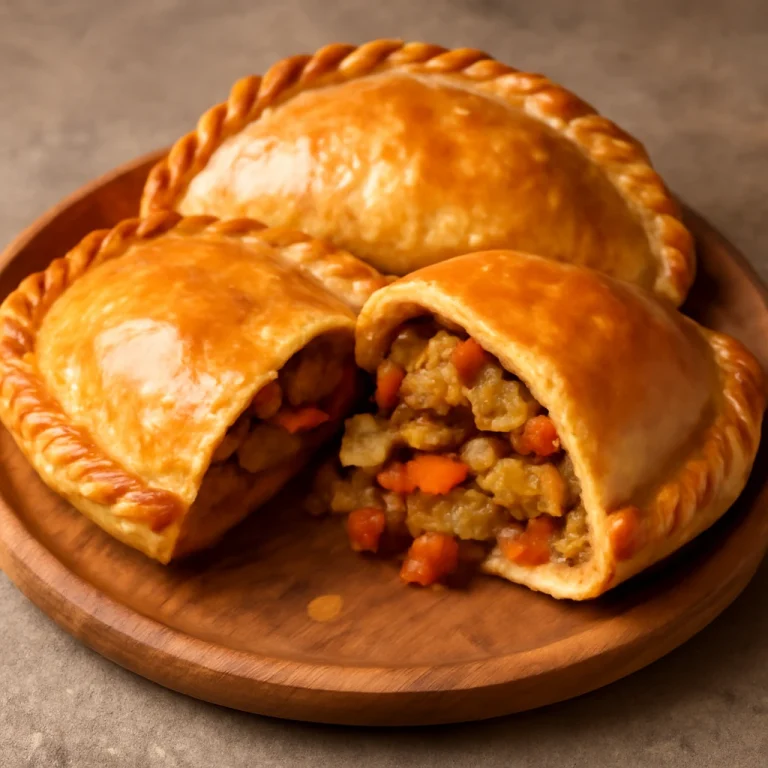 Cornish pasty fűszeres curry töltelékkel, gazdag és ropogós tésztával tálalva