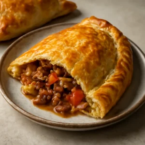 Húsos pasty, leveles tésztával, aranybarna színben tálalva