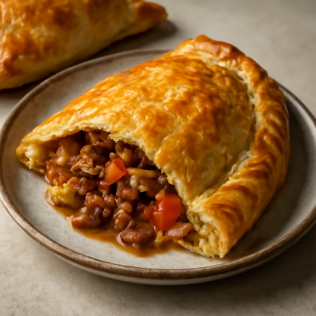 Húsos pasty, leveles tésztával, aranybarna színben tálalva