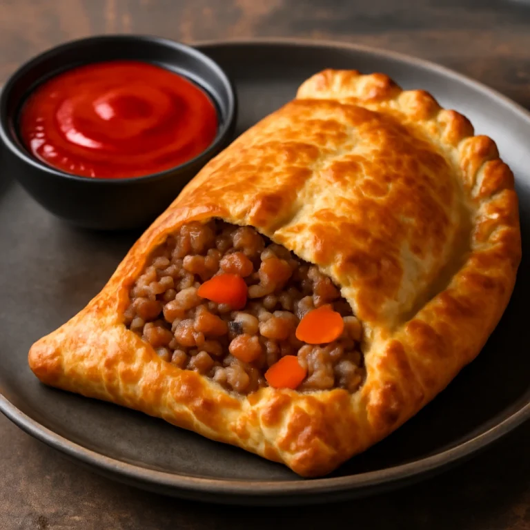 Cornish pasty pikáns szósszal tálalva, ropogós tésztával