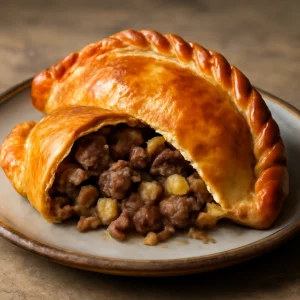 Húsos pasty sörös tésztában, aranybarna színűen tálalva