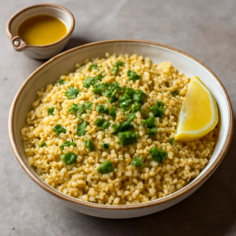 Couscous fűszeres olívaolajjal, friss korianderrel és citrommal díszítve