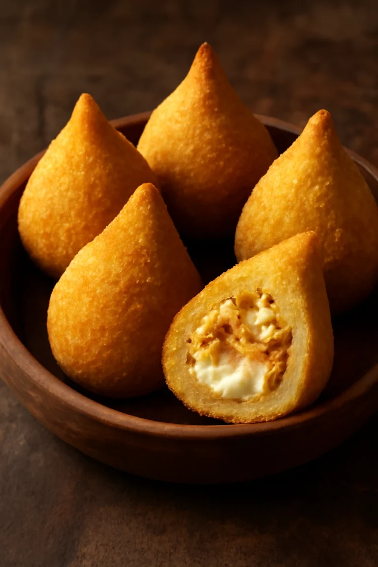 Coxinha Catupiry-vel aranybarnára sült falatok, ropogós külsővel, sajt- és csirkehústöltelékkel