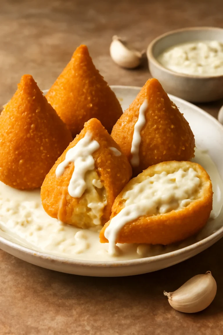Coxinha fokhagymás szósszal, ropogós fokhagymás túróval töltött brazil étel