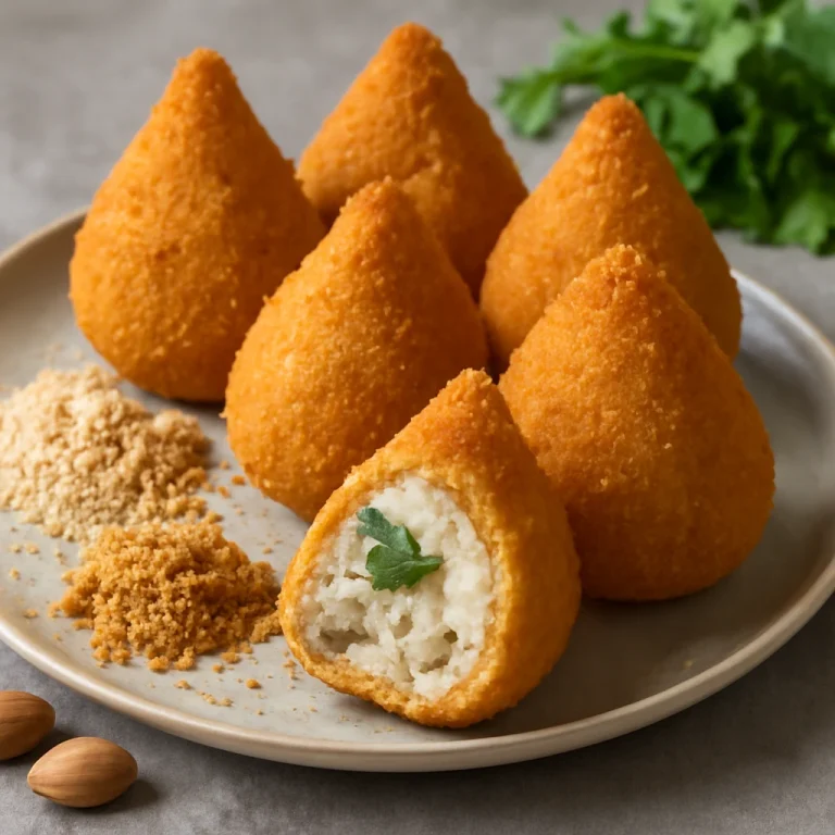 Coxinha mandulaliszttel, ropogós mandulalisztes túróval töltött brazil étel