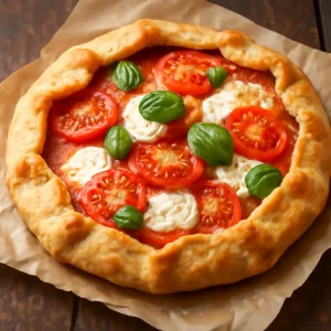 Sós crostata friss paradicsommal és mozzarellával, bazsalikom díszítéssel
