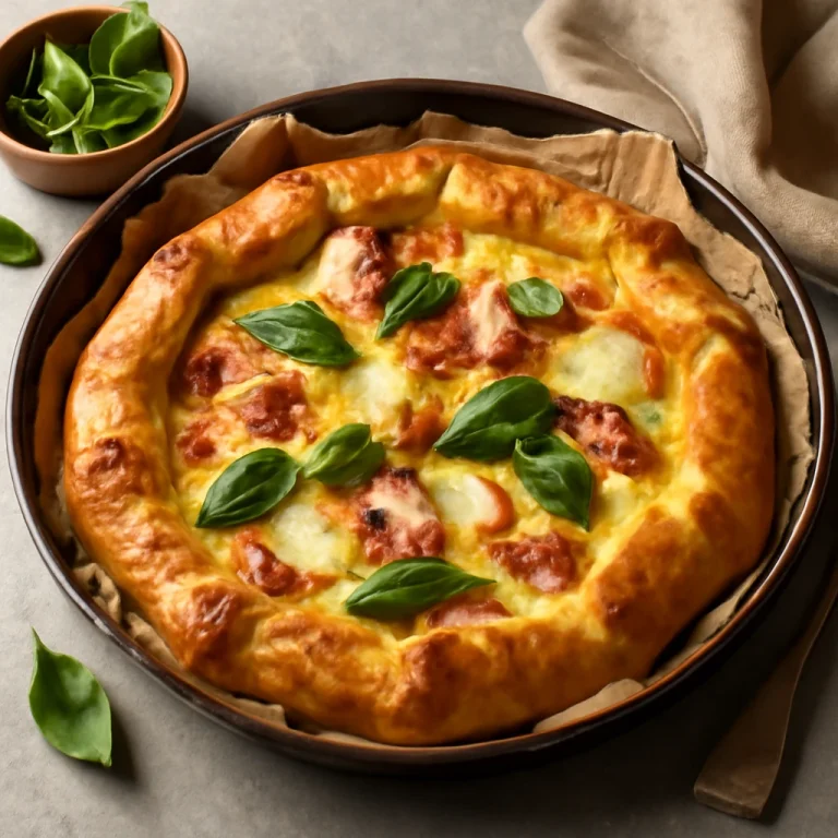 Crostata sós változatban sonkával, sajttal és bazsalikommal tálalva