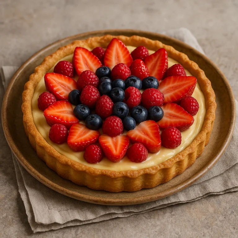 Crostata vaníliás krémmel és friss gyümölcsökkel, rusztikus tálalásban