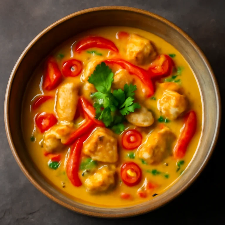 Csirke Bicol Express, gazdag kókusztejjel, chili paprikával tálalva