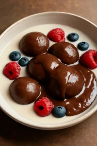 Tangyuan, csokoládéval és mandulatejjel tálalva