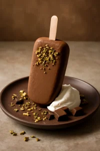 Gazdag, krémes csokoládés kulfi, pisztáciával díszítve