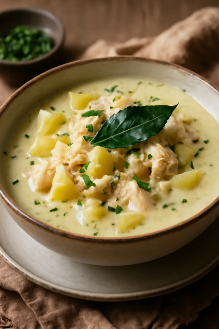 Cullen skink, skót halleves babérlevéllel tálalva