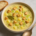 Cullen skink vegán változatban tálalva krémes állaggal, zöldségekkel és füstölt tofudarabokkal