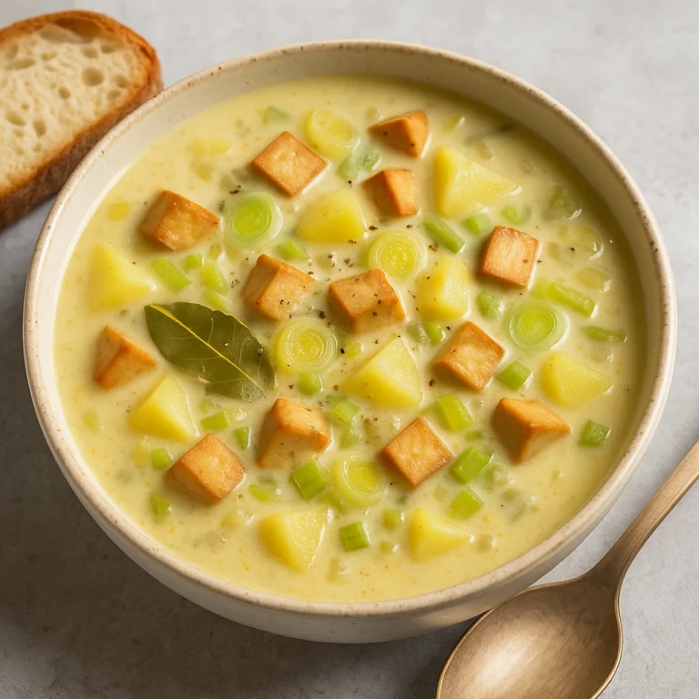 Cullen skink vegán változatban tálalva krémes állaggal, zöldségekkel és füstölt tofudarabokkal
