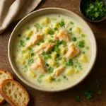 Cullen skink krémes leves formájában tálalva, darabos tőkehallal, burgonyával és zellerrel