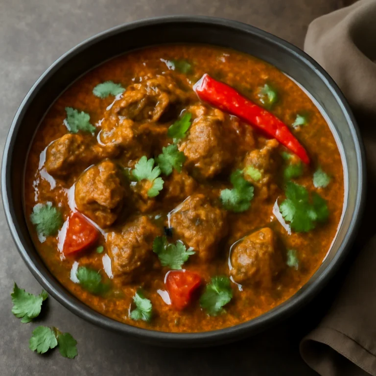 Curry goat csípős paprikával tálalva, friss korianderrel
