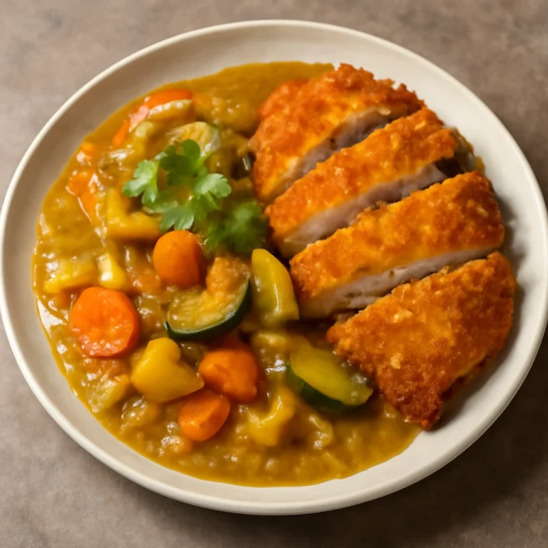 Curry-zöldséges katsudon csirke, ropogós tésztában, friss korianderrel tálalva