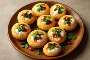 Dahi Puri friss joghurttal és chutney-kkel, díszítve korianderrel és gránátalmával