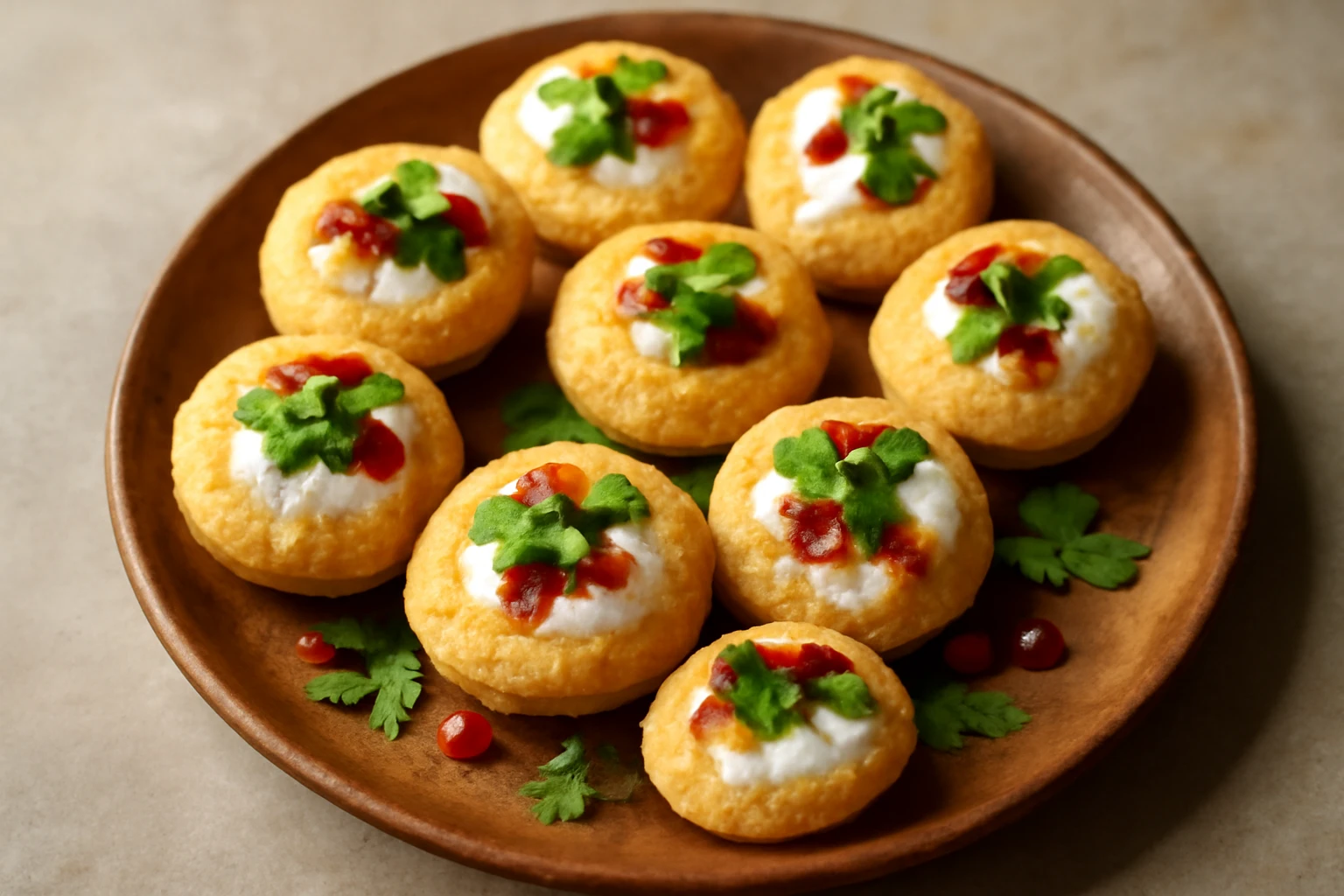 Dahi Puri friss joghurttal és chutney-kkel, díszítve korianderrel és gránátalmával