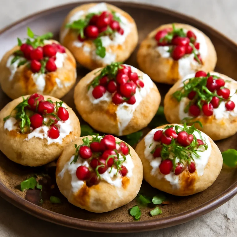 Dahi Puri gránátalmamaggal és joghurttal díszítve