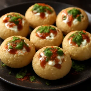 Friss Dahi Puri, csípős chutney-val és joghurttal