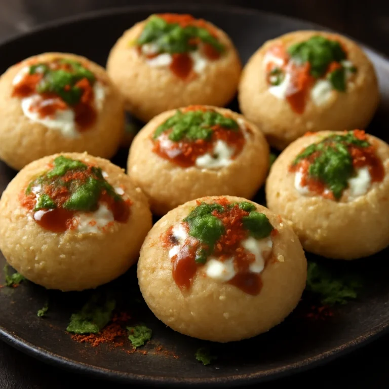 Dahi puri csípős zöld chutney-val, friss joghurttal és chilivel díszítve