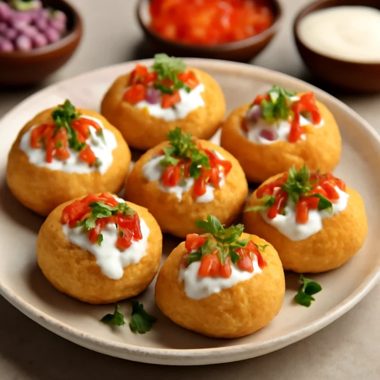 Dahi puri hagymával és paradicsommal, friss korianderrel tálalva