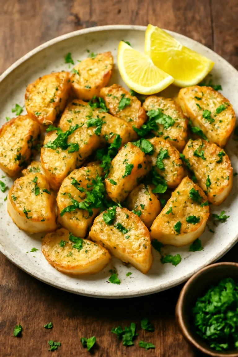 Daikon sült formában, tálalva friss petrezselyemmel és citruslével