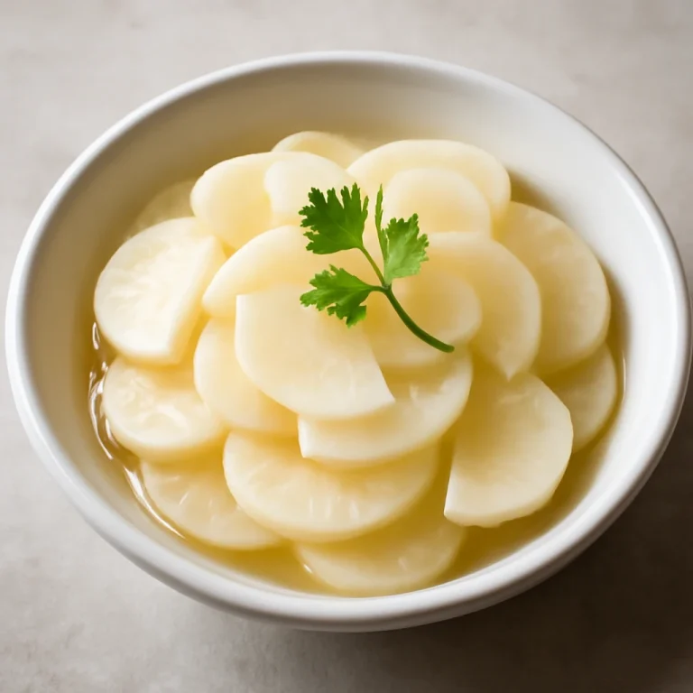 Daikon-zuke, friss ecetes retek szeletek tálalva egy fehér tányéron, díszítve korianderrel