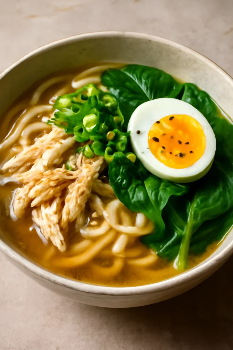 Dak Kalguksu, koreai csirkehúsos tészta leves friss tojással és spenóttal