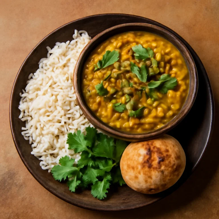 Dal Baati Rajasthan specialitás, toor dal és basmati rizs tálalva pirított tökmaggal és friss korianderrel