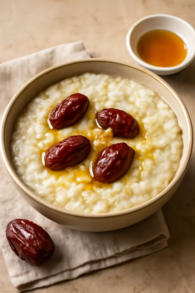 Datolyás Congee tál friss datolyával és mézzel díszítve