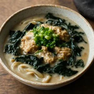 Koreai hal leves kalguksu tésztával és friss hínárral