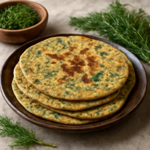 Friss és fűszeres thepla, zöldekkel tálalva