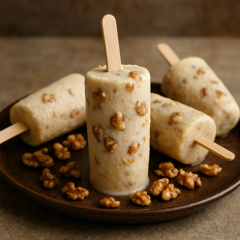 Dióval töltött kulfi fapálcikán, krémes és fagyott állagú desszertként tálalva