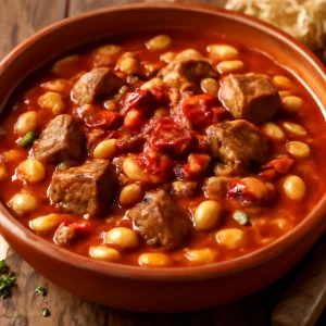 Fűszeres brazil dobradinha szalonnával, fehérbab és marhahús keverékével