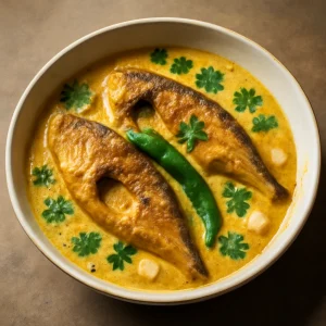 Doi Ilish fokhagymával, joghurttal és friss korianderrel tálalva