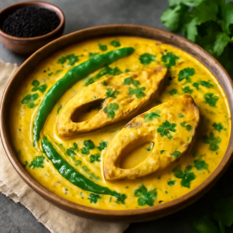 Doi Ilish nigella maggal, joghurtos szósszal tálalva, friss korianderrel.