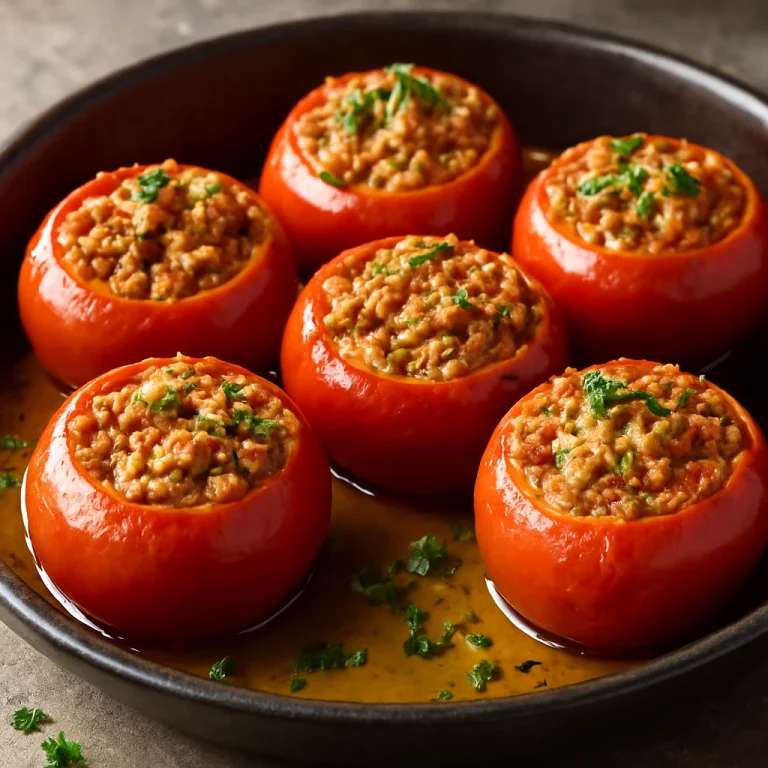 Dolma paradicsomban, rizstöltelékkel, olívaolajjal megöntözve és friss fűszerekkel tálalva