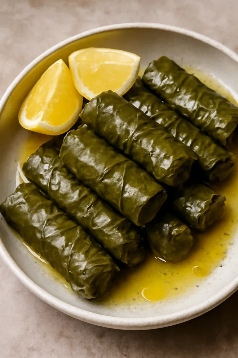 Dolma szőlőlevélben, friss citrommal és olívaolajjal tálalva