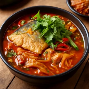 Koreai Domi Maeuntang JJigae, friss korianderrel díszítve